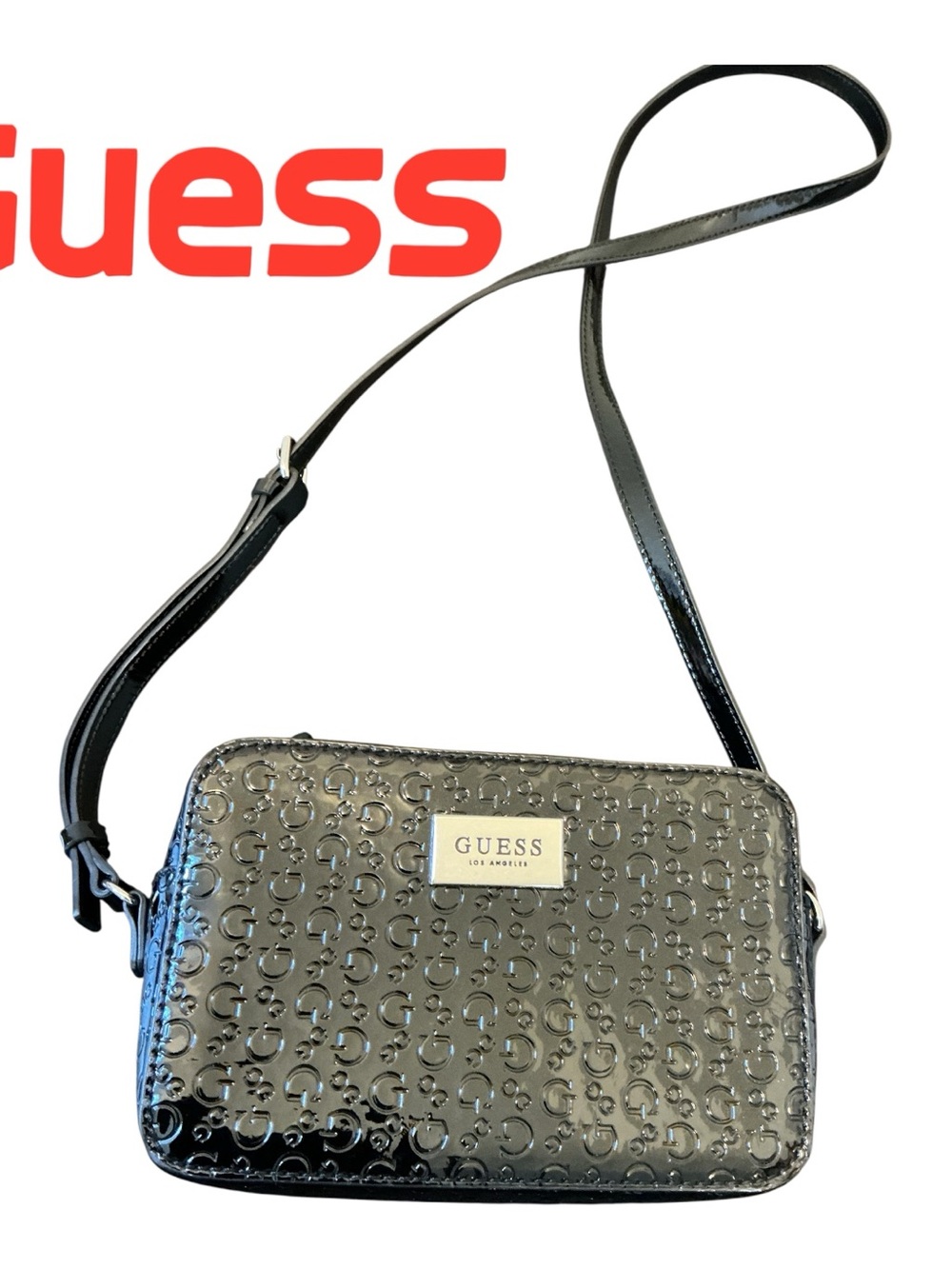 Guess Black Patent Logo-Embossed Crossbody Bag like a new